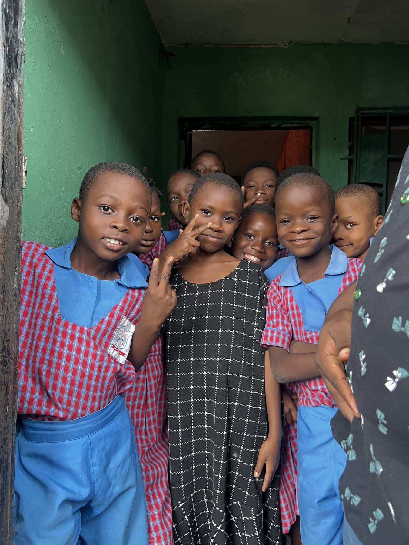 A group of schoolchildren together